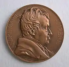 Médaille André-Marie Ampère (1775-1836). La société française des électriciens. Graveur Jules Chaplain (1839-1909). Avers.
