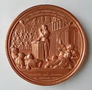 Médaille François GUIZOT (1787-1874). Graveur Jean-Jacques FEUCHERE (1807-1852), cuivre, Ø 100 mm, poids 522 g, 1844. Verso. À François Pierre Guillaume Guizot, ses amis et ses admirateurs, On peut épuiser ma force, on n'épuisera pas mon courage, Chambre des députés 26 janvier 1844.