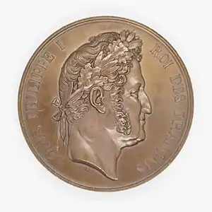 Médaille produite durant la Monarchie de Juillet (avers), avec l'inscription "Louis-Philippe Ier, roi des Français".