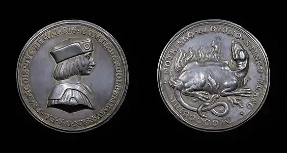 Les deux faces d'une médaille en argent. L'avers représente le duc d'Angoulême François, l'avers est orné d'une salamandre.