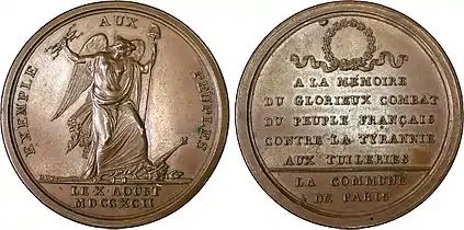 Médaille en mémoire du combat des Tuileries du 10 août.Date: 1792