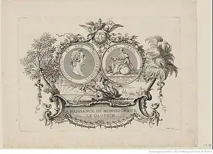 Médaille frappée à l'occasion de la naissance du Dauphin : sur la face le portrait de Louis XV, au revers la France tenant sur ses genoux le dauphin. Gravure du XVIIIe siècle.