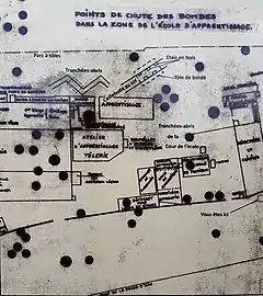 Plan de l'école d'apprentissage et des points d'impact des bombes