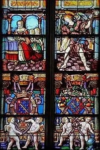 La chapelle d'Anjou : Gabrielle de Mareuil et ses deux filles présentées par l'archange Gabriel  (baie no 8), en 2005.