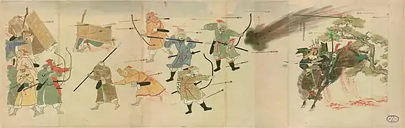 Scène de bataille illustrant les invasions mongoles du Japon. Rouleaux illustrés des invasions mongoles, XIIIe.