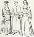 Costumes d'un seigneur ou riche bourgeois, d'un bourgeois ou marchand, et d'une dame noble ou riche bourgeoise, à l'époque de Louis XII (1462-1515).