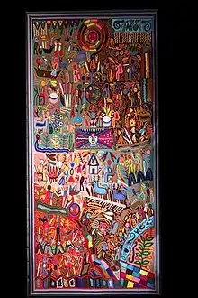 Tableau de laine nierika : La voie de la chenille. H. 200 cm. Bois, cire, laine. Attribué à Apollionio Camillo Enriques. Indiens Huichol