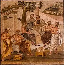 Image dans les tons sépia représentant une mosaïque avec sept personnages vêtus à la mode antique.