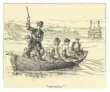 en avant une barque et à bord quelques hommes dont l'un sonde l'eau avec une perche ; derrière à quelques dizaines de mètres, le steamer