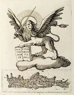 gravure ancienne: un lion ailé tenant une épée et un livre bondit au-dessus d'une carte de le Crète