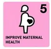 Logo carré rose qui représente un dessin minimaliste blanc et noir de femme enceinte. Un cœur se situe  dans le ventre de la femme, à la place du fœtus. On peut lire en bas du logo : "improve maternal health".