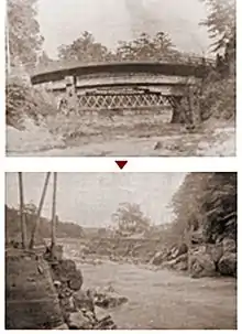 Deux photos noir et blanc montrant l'une un pont au-dessus d'un cours d'eau, l'autre la même scène sans le pont.