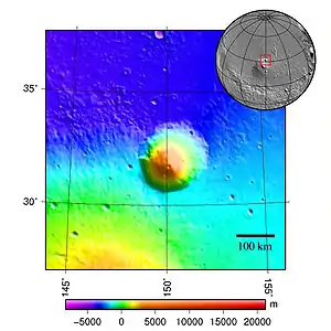 Hecates Tholus, au nord-est d'Elysium Planitia, est un tholus de 183 km de diamètre avec un cratère ne dépassant pas 10 km de diamètre à 5,3 km d'altitude.