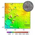 Topographie de Tyrrhenus Mons par l'instrument MOLA de Mars Global Surveyor.