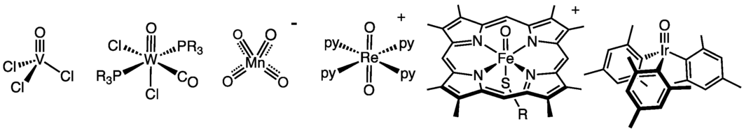Exemples d'oxydes métalliques moléculaires. De gauche à droite : oxytrichlorure de vanadium (d0), carbonyle oxo de tungstène (d2), permanganate (d0), [ReO2(py)4]+ (d2), composé I du cytochrome P450 (d4) et O=Ir(Mes)3 (d4).
