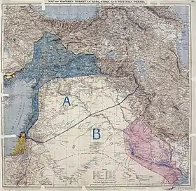 Carte des Accords Sykes-Picot de 1916 montrant les zones d'influence convenues entre la France et le Royaume-Uni