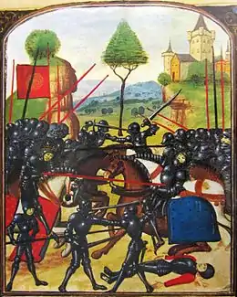Dessin d'une scène de bataille avec des chevaliers en armure qui s'affrontent à pied et à cheval et un château à l'arrière-plan.