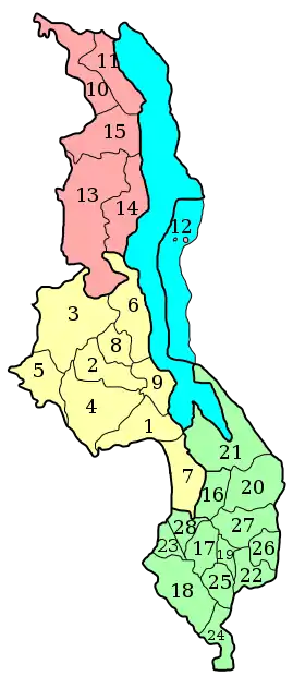Carte des districts du Malawi.