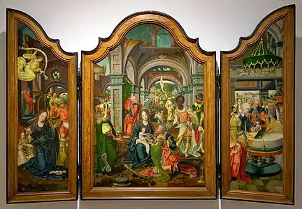 Triptyque avec Adoration de l'enfant, Adoration des mages, Présentation au temple, musée des Bons-Enfants, Maastricht.