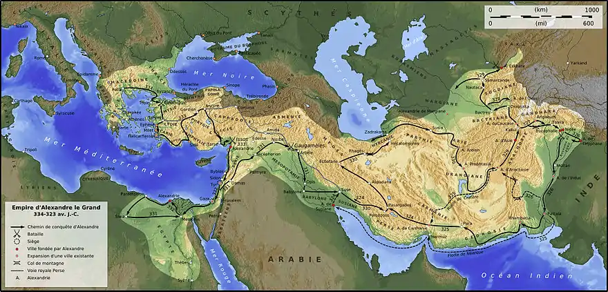 Carte représentant l'itinéraire et les conquêtes d'Alexandre