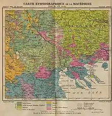 Carte ethnographique de la Macédoine en 1914, les Slaves de Macédoine sont représentés en vert clair.