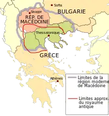 Carte de la Macédoine moderne surimposée aux frontières du royaume antique