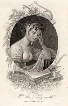 Portrait à cadre ovale d'une femme en robe flottante avec un bandeau sur la tête. Le portrait est entouré d'une pile de livres, de papiers, une plume, des lauriers et une harpe.