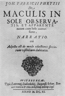 Johann Fabricius, De Maculis in sole observatis et apparente earum cum Sole conversione narratio