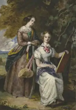 Madame Delessert, Valentine de Laborde (1806-1894) et sa fille Cécile, comtesse de Nadaillac (1825-1887), assise en train de dessiner.