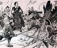 Françoise-Marie Jacquelin, Madame de la Tour, défendant le fort La Tour, à Saint-Jean (Nouveau-Brunswick) contre Charles de Menou d'Aulnay, dessin.