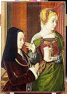 Portrait présumé de Madeleine de Bourgogne, présentée par sainte Madeleine (entre 1490 et 1495).