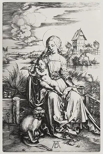 7.  Albrecht Dürer, Madone au singe, s. d. [1498], pointe sèche avec monogramme, 19,1 × 12,4 cm.