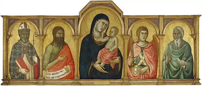 La Vierge et l'Enfant avec un saint évêque, saint Jean le Baptiste, saint Michel et un saint non identifié, entre 1310 et 1320, polyptyque, Birmingham Museum of Art.