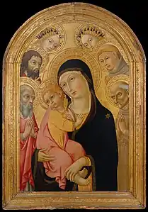 Vierge à l’Enfant, avec les saints Jérôme, Bernardin, Jean-Baptiste, Antoine de Padoue, et deux anges (vers 1465-1470).