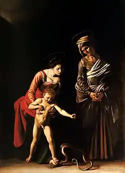 Peinture. Une femme tient son enfant nu qui écrase un serpent, sous le regard d'une autre femme plus âgée.