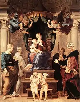 La Madone sur un baldaquin entourée de saints et d'anges