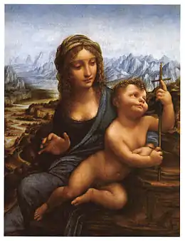 Peinture de la Vierge Marie assise, comme sur le point de dévider un fuseau tandis que l’Enfant Jésus pose le pied sur une corbeille de fuseaux et regarde attentivement les quatre branches du dévidoir en forme de croix.