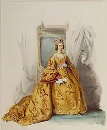 Représentation en couleurs d'une reine portant une robe très ample, de couleur ocre, avec une traîne, et coiffée d'une couronne ornée de pierres précieuses, elle se tient assise sur un trône.