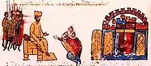 Photographie de la page d'un manuscrit montrant un groupe d'hommes sortis d'une cité prêter allégeance devant un souverain sur son trône, lui-même suivi d'un petit groupe de partisans.