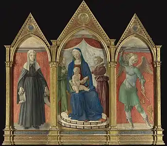 Vierge à L'Enfant en majesté avec deux anges, assise sur un trône, avec sainte Brigitte de Suède et saint Michel archange (vers 1450), Newark, Collection Alana.