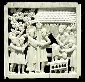 La Flagellation du Christ devant Pilateivoire, don d'Othon le Grand à la cathédrale de Magdebourgaujourd'hui au Bayerisches Nationalmuseum (962-973)