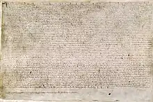 Photographie d'une large page couverte d'une écriture médiévale dense.