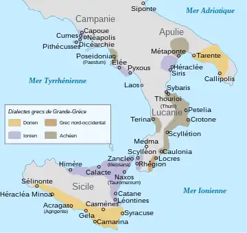 Carte des cités grecques et des dialectes en Grande-Grèce