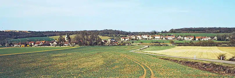 Magny-Lambert depuis la route de Villaines-en-Duesmois, Rue-Basse est à gauche et Rue-Haute à droite ; sur la ligne de crête à gauche une carrière de pierre du Châtillonnais.