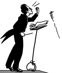 Caricature. Mahler dirigeant un orchestre avec violence et obtenant une note maigre.