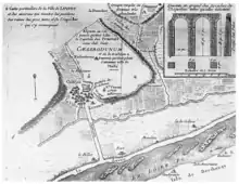 Plan ancien d'une ville accompagné du dessin partiel d'un monument.