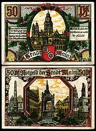 Monnaie de secours à Mayence en 1921. Elle représente la cathédrale Saint-Martin de Mayence et le Marktbrunnen, un puits Renaissance à Mayence.