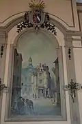 Peinture murale dans la salle des mariages représentant la place de l'hôtel de ville au 19e siècle