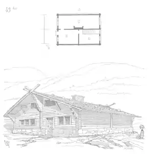 Maison des Hautes-Vosges en rondins empilés à mi-bois sur soubassement en pierre, dans Viollet-le-Duc 1863, p. 295, fig. 43 bis.