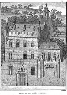 Maison des sept nobles à Bruxelles avec l'écusson Sleeus, gravé sous la direction du graveur Michel
